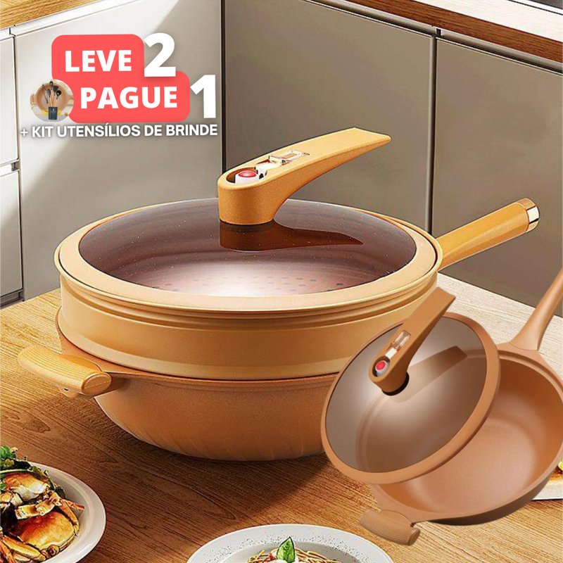 [Leve 2 Pague 1] Frigideira Wok de Cerâmica Multifunções 8 em 1 à Prova de Explosões + BRINDE: Kit Utensílio